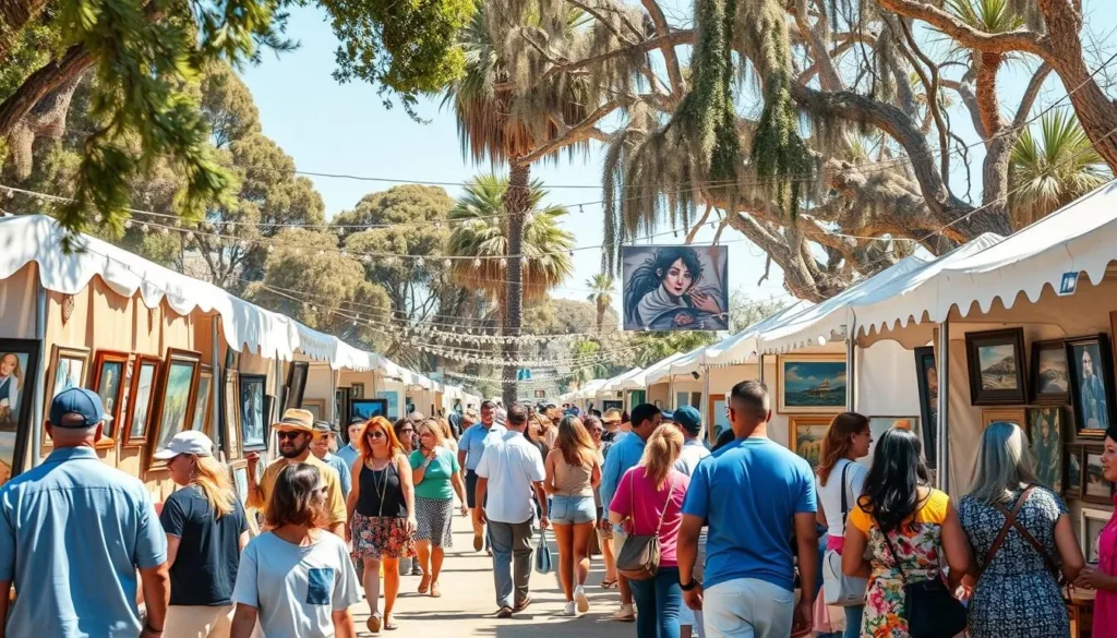 Sawdust Art Festival in Laguna Beach with artists displaying their work and visitors browsing booths Sawdust Art Festival in Laguna Beach with artists displaying their work and visitors browsing booths