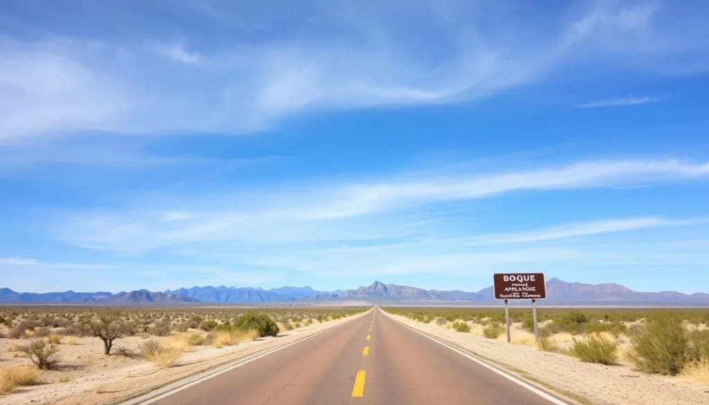 Scenic approach road to Bosque del Apache National Wildlife Refuge with mountains in background