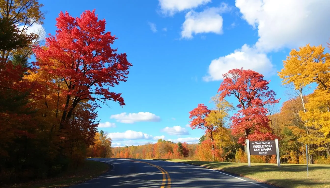 Scenic-autumn-view-of-Middle-Fork-State-Park-entrance-road-with-colorful-fall-foliage-lining Scenic autumn view of Middle Fork State Park entrance road with colorful fall foliage lining both sides