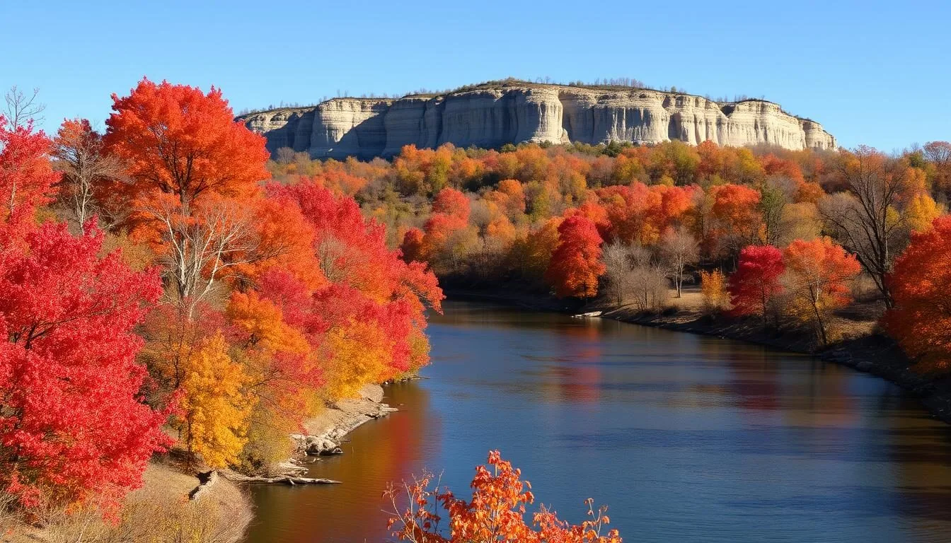 Scenic-autumn-view-of-Pere-Marquette-State-Park-Illinois-showing-colorful-fall-foliage-along Scenic autumn view of Pere Marquette State Park Illinois showing colorful fall foliage along the Illinois River