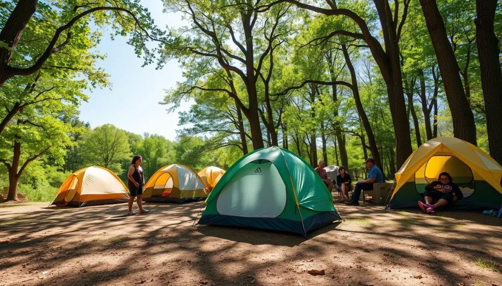 Scenic camping area near Castle Rock State Park Illinois with tents set up among trees Scenic camping area near Castle Rock State Park Illinois with tents set up among trees