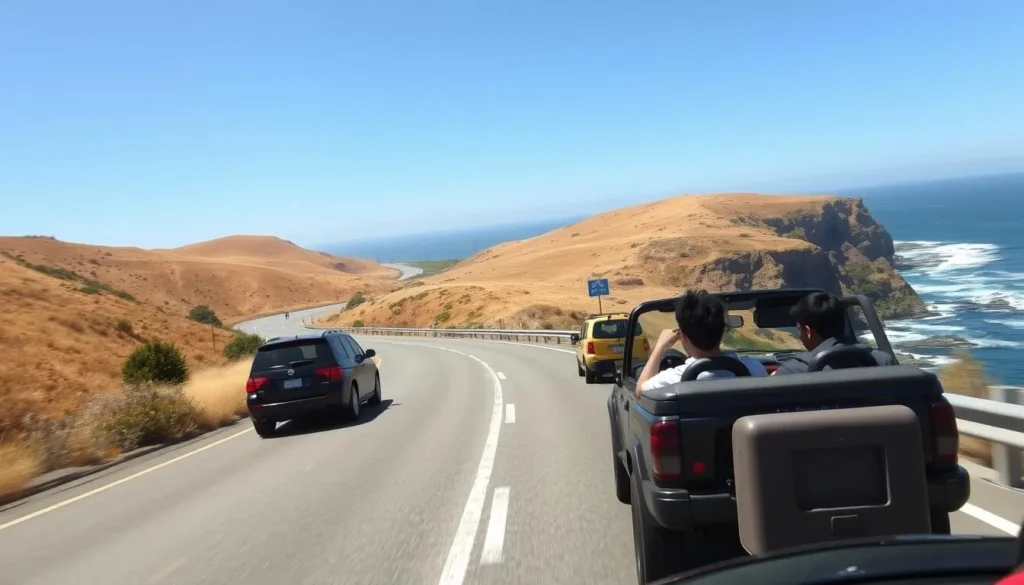 Scenic coastal highway approaching Pismo State Beach with ocean views and diverse travelers in a vehicle Scenic coastal highway approaching Pismo State Beach with ocean views and diverse travelers in a vehicle