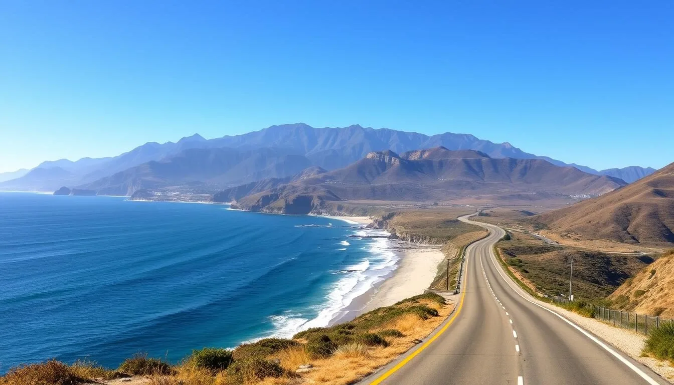 Scenic-coastal-highway-leading-to-McGrath-State-Beach-California-with-mountains-in-the Scenic coastal highway leading to McGrath State Beach California with mountains in the background