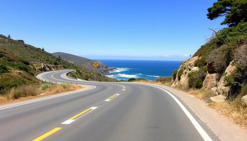 Scenic coastal highway leading to Point Cabrillo Light Station State Historic Park with ocean views