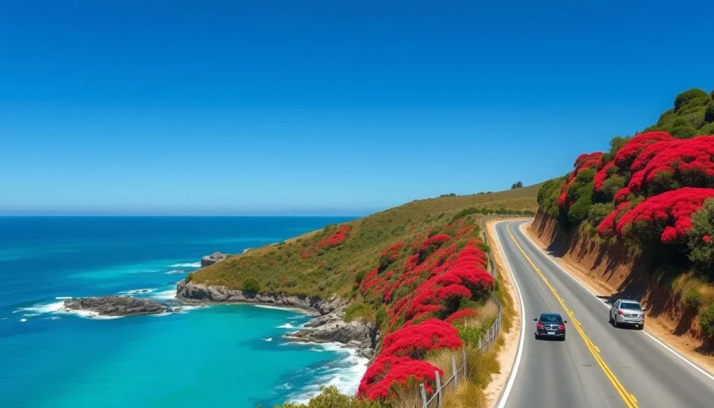 Scenic coastal road along the Coromandel Peninsula, New Zealand with pohutukawa trees