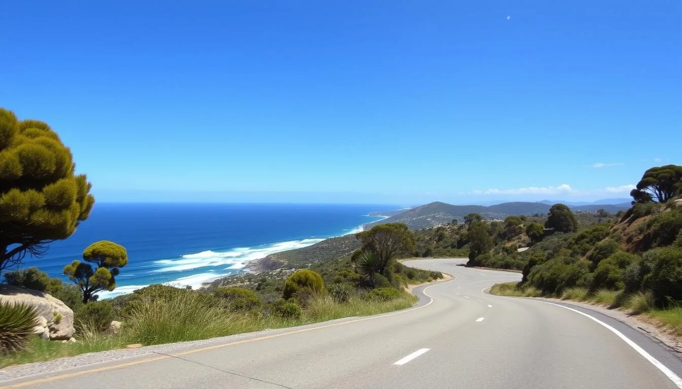 Scenic coastal road leading to Bicheno Tasmania with ocean views and eucalyptus trees
