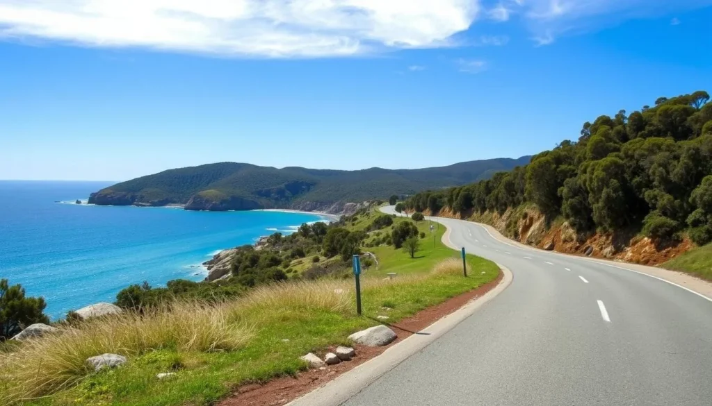 Scenic coastal road leading to Binalong Bay Tasmania with ocean views Scenic coastal road leading to Binalong Bay Tasmania with ocean views