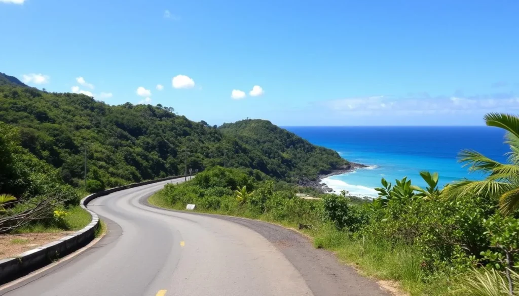 Scenic coastal road leading to Choiseul with views of the Caribbean Sea