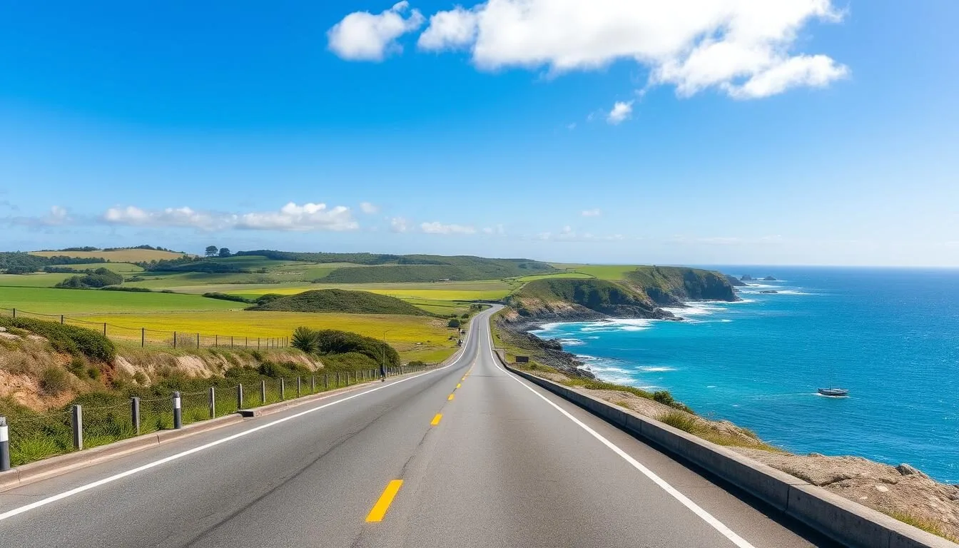 Scenic coastal road leading to Port Fairy, Victoria with blue ocean views and green countryside
