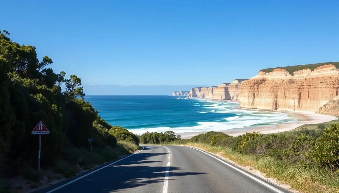 Scenic coastal road leading to Rainbow Beach with colorful sand cliffs visible in the distance