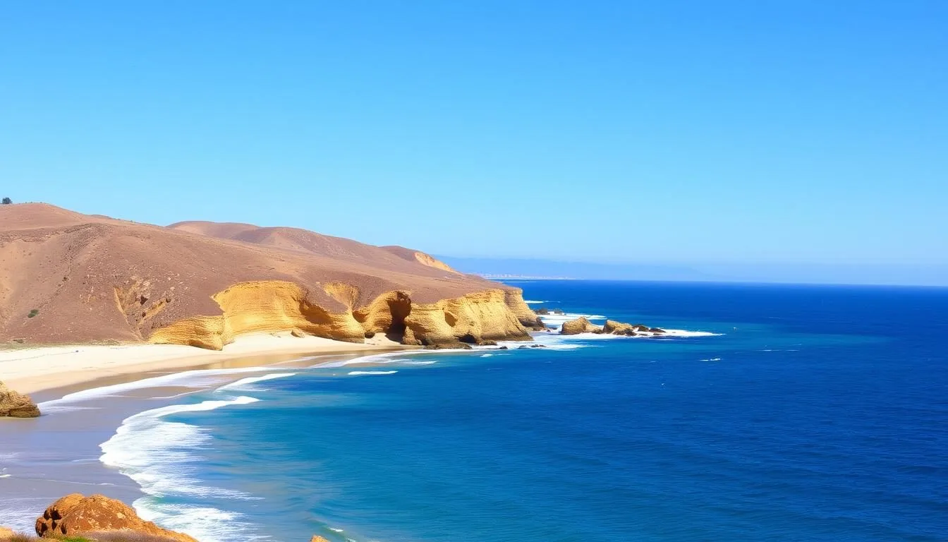 Scenic-coastal-view-of-Crystal-Cove-State-Park-with-blue-ocean-waters-and-sandy-beaches-on-a Scenic coastal view of Crystal Cove State Park with blue ocean waters and sandy beaches on a beautiful sunny day