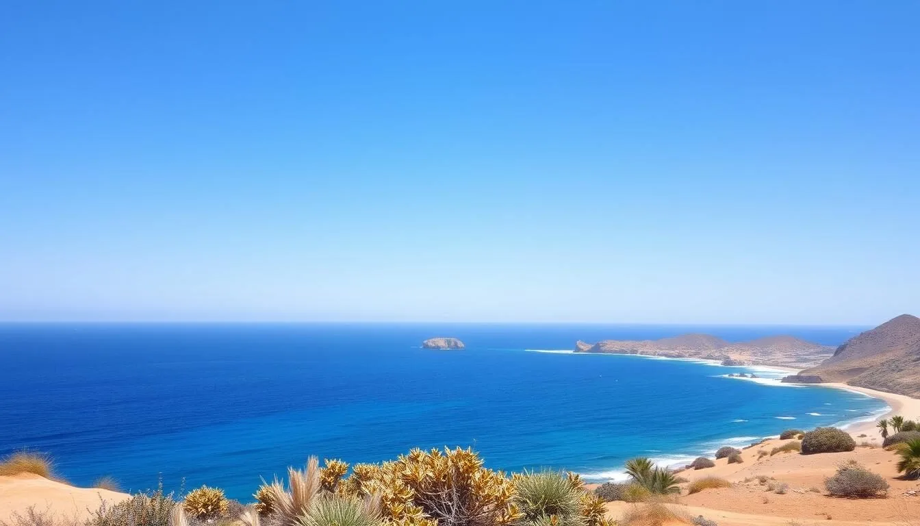Scenic coastal view of El Pescadero, Mexico showing desert landscape meeting the Pacific Ocean on a beautiful sunny day