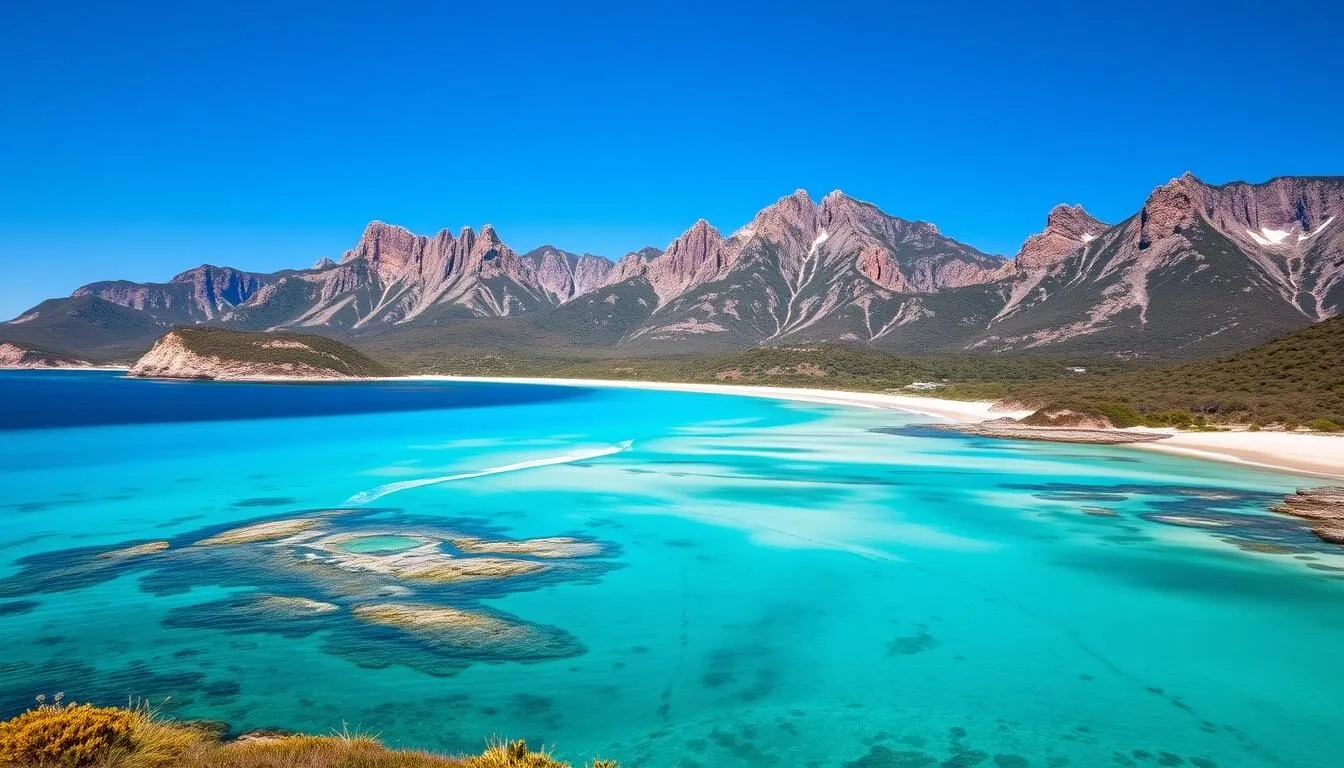 Scenic coastal view of Freycinet National Park Tasmania with turquoise waters and pink granite mountains
