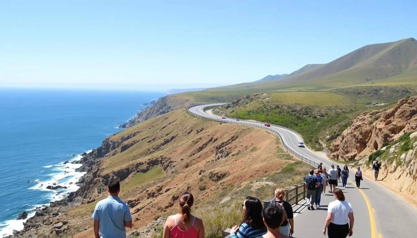 Scenic-coastal-view-of-Highway-1-approaching-Hearst-San-Simeon-State-Park-California-with-blue- Scenic coastal view of Highway 1 approaching Hearst San Simeon State Park California with blue ocean waters and rolling hills
