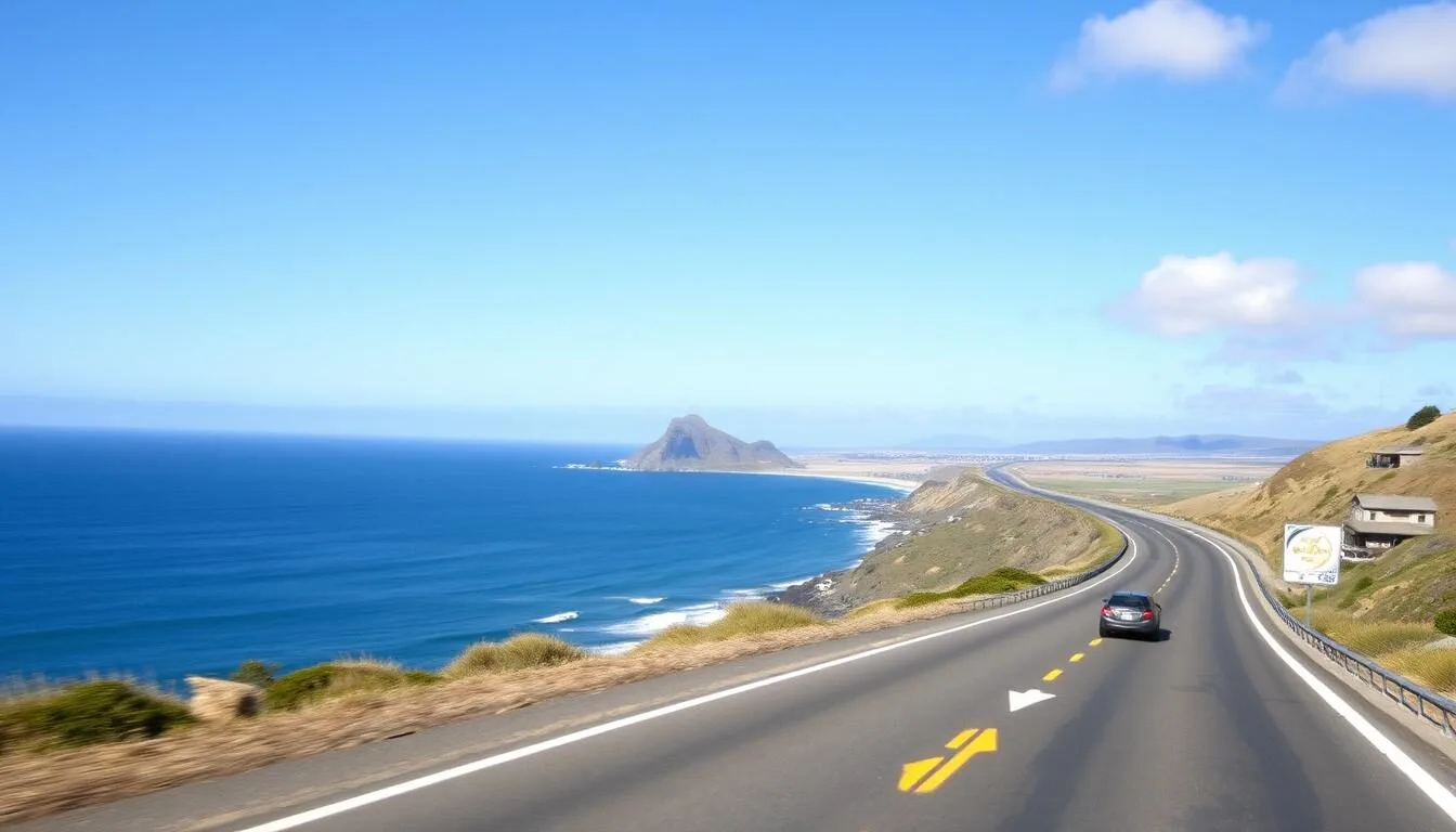 Scenic-coastal-view-of-Highway-1-approaching-Morro-Bay-State-Park-California-with-Morro-Rock Scenic coastal view of Highway 1 approaching Morro Bay State Park, California with Morro Rock visible in the distance