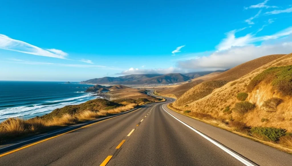 Scenic coastal view of Highway 1 approaching Moss Landing State Beach with the Pacific Ocean in the background Scenic coastal view of Highway 1 approaching Moss Landing State Beach with the Pacific Ocean in the background