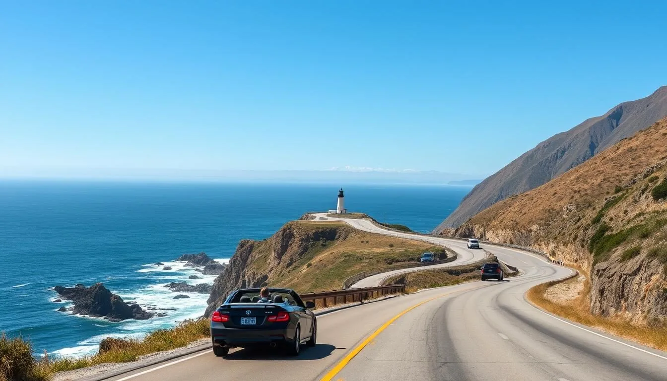 Scenic coastal view of Highway 1 approaching Point Sur State Historic Park with the rocky outcrop visible in the distance