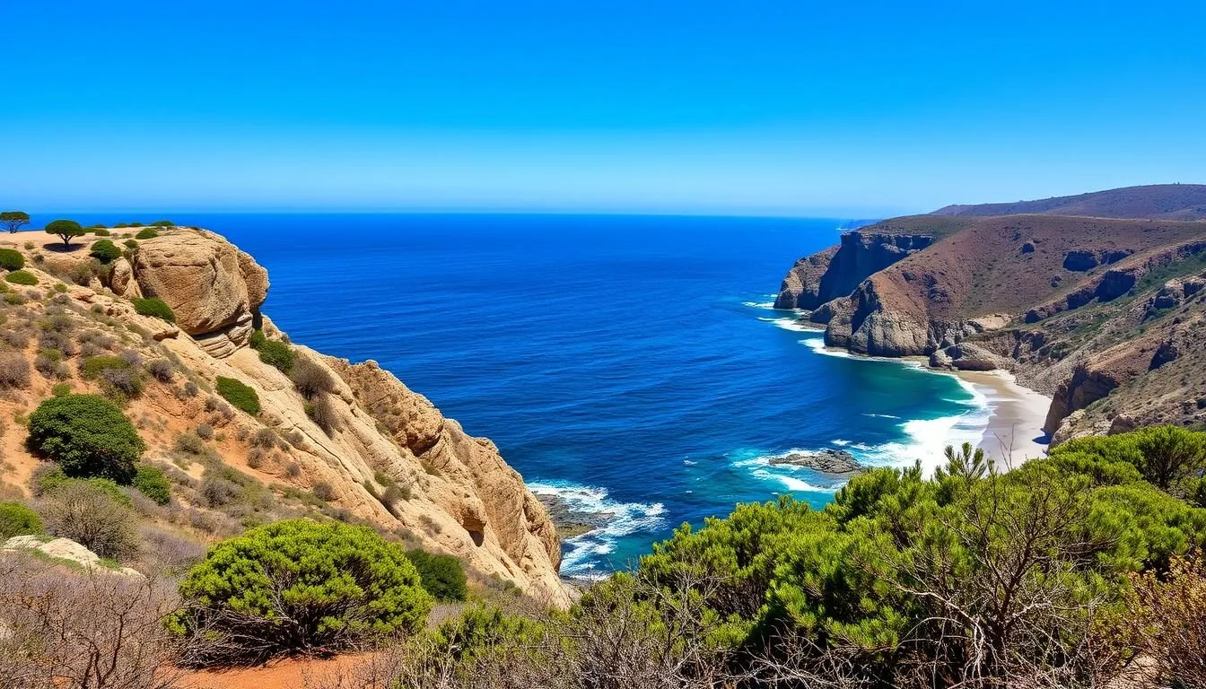 Scenic-coastal-view-of-Jug-Handle-State-Natural-Reserve-with-blue-ocean-waters-and-rugged Scenic coastal view of Jug Handle State Natural Reserve with blue ocean waters and rugged cliffs on a sunny day