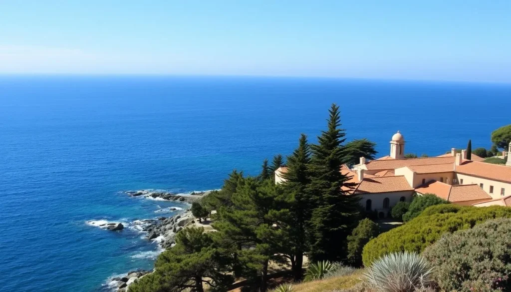 Scenic coastal view of Monterey Bay with historic buildings of Monterey State Historic Park visible in the foreground Scenic coastal view of Monterey Bay with historic buildings of Monterey State Historic Park visible in the foreground