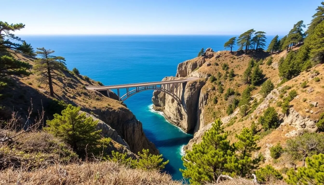 Scenic coastal view of Russian Gulch State Park with the iconic Frederick W. Panhorst Bridge visible in the distance on a beautiful sunny day