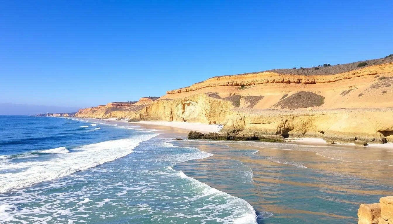 Scenic-coastal-view-of-San-Clemente-State-Beach-California-things-to-do-with-sandstone-bluffs Scenic coastal view of San Clemente State Beach California things to do with sandstone bluffs and Pacific Ocean