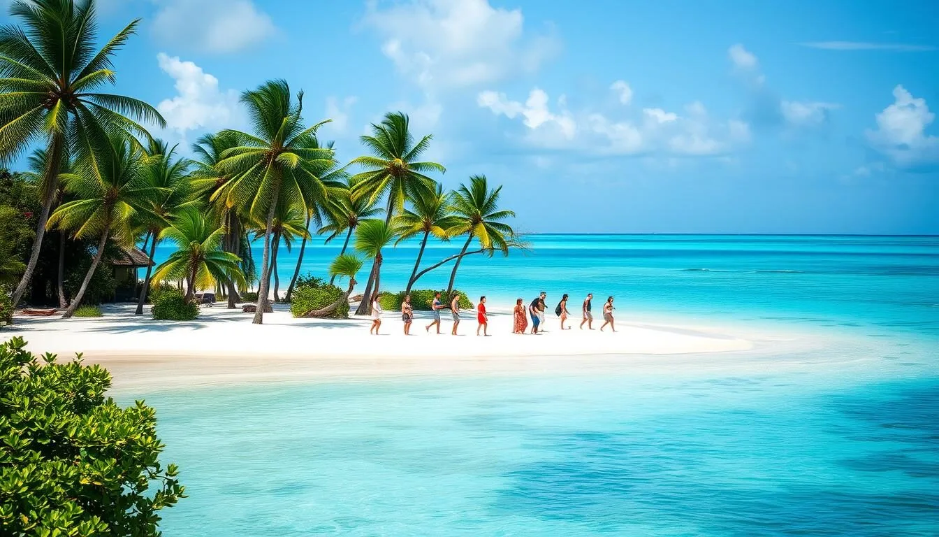 Scenic coastal view of Yaren, Nauru with palm trees and clear blue waters