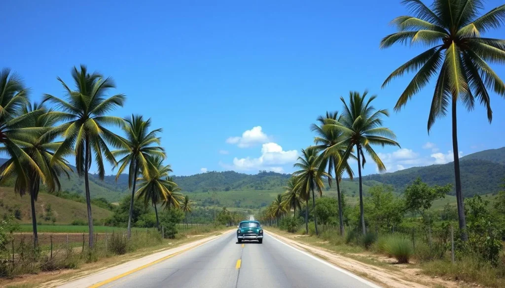 Scenic countryside road leading to San Cristobal, Cuba with palm trees and mountains in the background