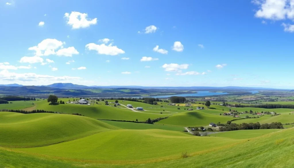 Scenic countryside view of Evandale Tasmania with rolling hills and historic buildings in the distance