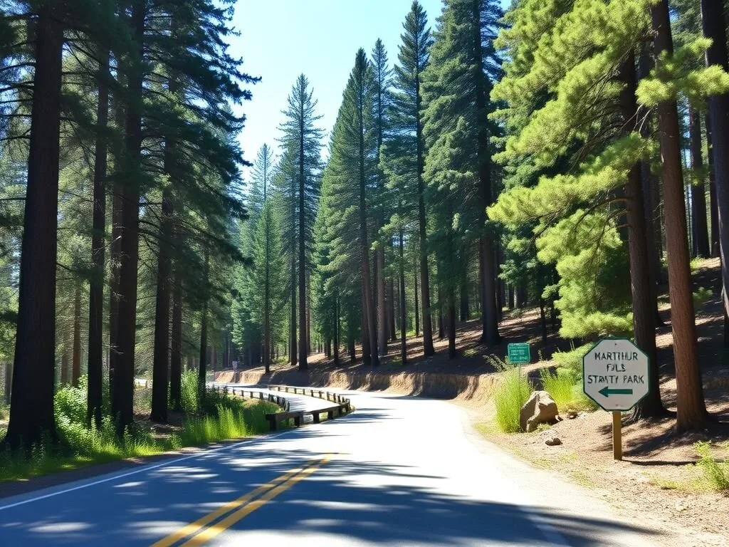 Scenic drive through forested road leading to McArthur-Burney Falls Memorial State Park entrance Scenic drive through forested road leading to McArthur-Burney Falls Memorial State Park entrance