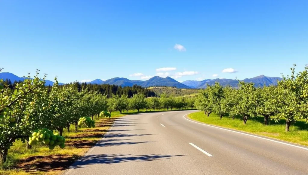 Scenic drive through the Huon Valley approaching Hartz Mountains National Park with apple orchards and mountain views