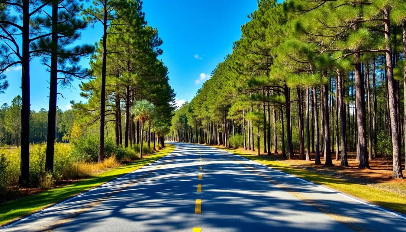 Scenic-entrance-road-to-Fred-Gannon-Rocky-Bayou-State-Park-with-tall-pine-trees-lining-both Scenic entrance road to Fred Gannon Rocky Bayou State Park with tall pine trees lining both sides