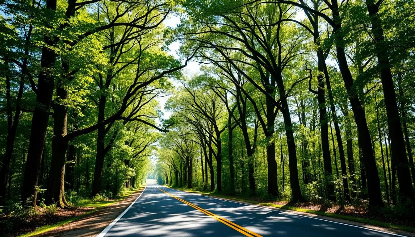 Scenic-entrance-road-to-Horseshoe-Lake-State-Park-Illinois-with-lush-green-trees-lining-both Scenic entrance road to Horseshoe Lake State Park Illinois with lush green trees lining both sides