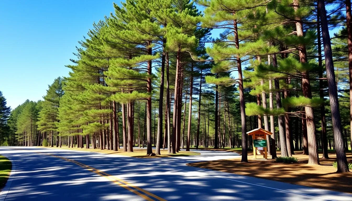 Scenic-entrance-road-to-Johnson-Sauk-Trail-State-Park-Illinois-with-tall-pine-trees-lining-both Scenic entrance road to Johnson-Sauk Trail State Park Illinois with tall pine trees lining both sides