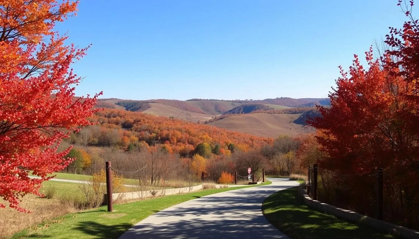 Scenic-entrance-to-Johnson-Sauk-Trail-Nature-Preserve-with-rolling-hills-and-autumn-foliage Scenic entrance to Johnson-Sauk Trail Nature Preserve with rolling hills and autumn foliage