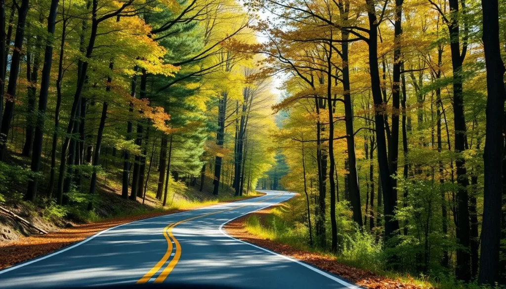Scenic forest road leading to Laurel Summit State Park Pennsylvania through colorful trees Scenic forest road leading to Laurel Summit State Park Pennsylvania through colorful trees