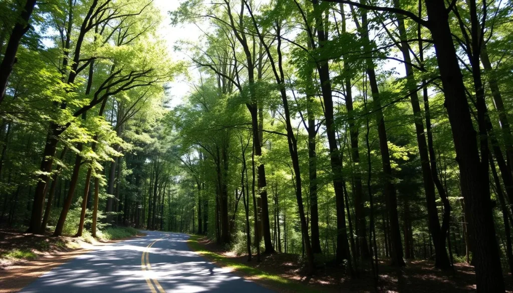 Scenic forest road leading to McConnells Mill State Park with tall trees creating a natural canopy Scenic forest road leading to McConnells Mill State Park with tall trees creating a natural canopy