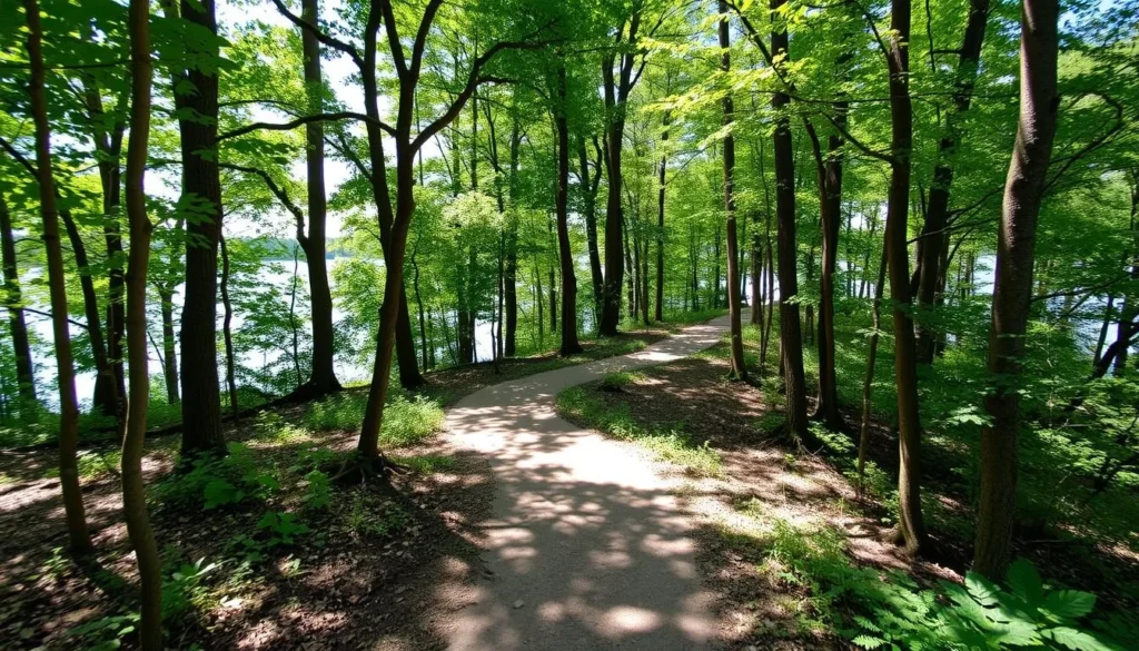 Scenic hiking trail around Lake Kinkaid with forest views Scenic hiking trail around Lake Kinkaid with forest views