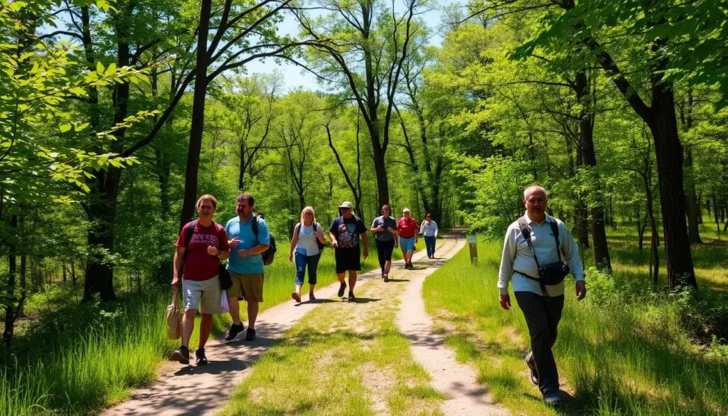 Scenic hiking trail at Horseshoe Lake State Park with diverse tourists enjoying nature Scenic hiking trail at Horseshoe Lake State Park with diverse tourists enjoying nature
