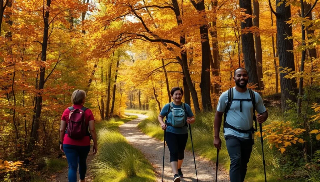Scenic hiking trail near Lake LeBoeuf with fall foliage and diverse hikers Scenic hiking trail near Lake LeBoeuf with fall foliage and diverse hikers