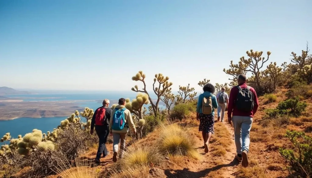 Scenic hiking trail near Lake Ziway with diverse group of tourists enjoying the landscape