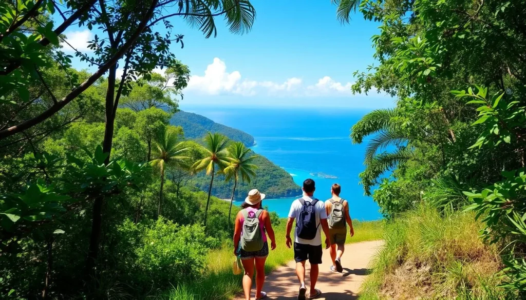 Scenic hiking trail on Terre-de-Bas Island with diverse tourists enjoying the natural landscape