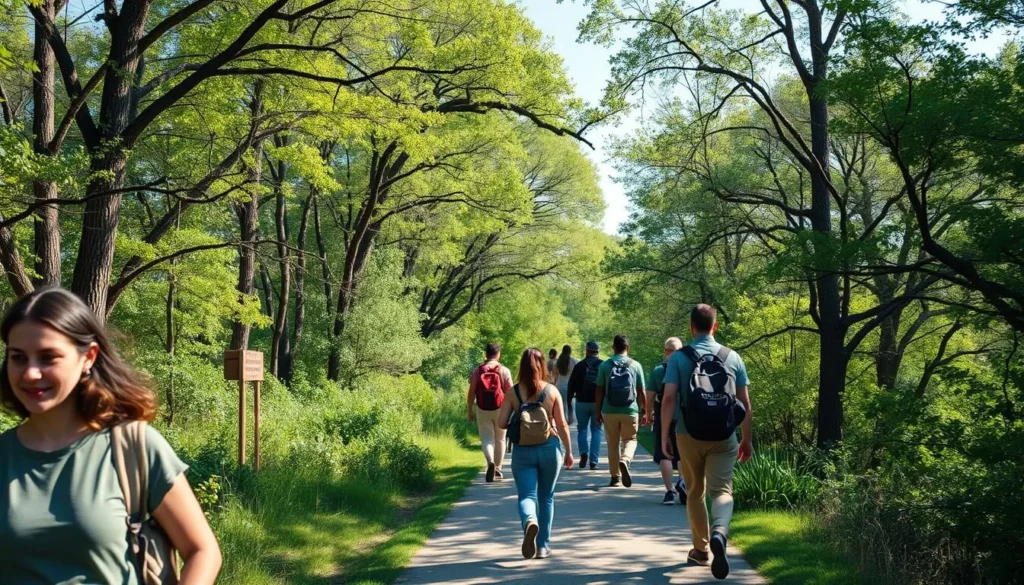 Scenic hiking trail through Goose Island with diverse tourists enjoying nature Scenic hiking trail through Goose Island with diverse tourists enjoying nature