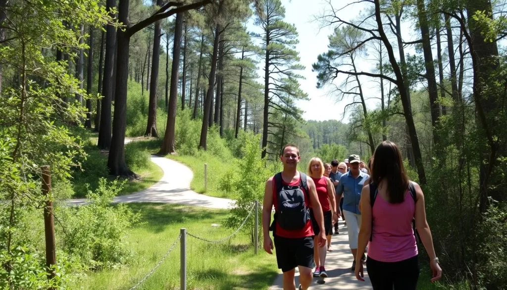Scenic hiking trail through Suwannee River State Park with diverse visitors walking