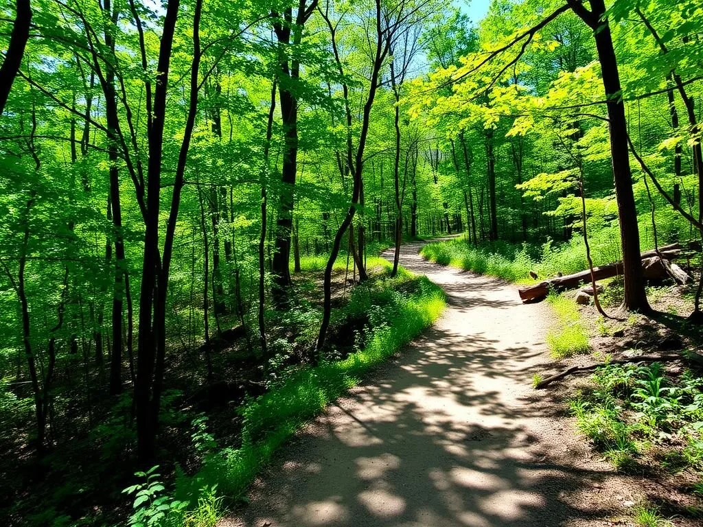 Scenic hiking trail through wooded area of Milton State Park Pennsylvania Scenic hiking trail through wooded area of Milton State Park Pennsylvania