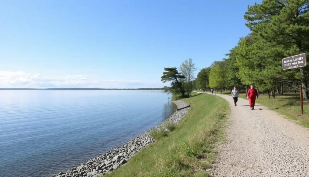 Scenic lakeside trail at Memorial Lake State Park with visitors walking along the shore Scenic lakeside trail at Memorial Lake State Park with visitors walking along the shore