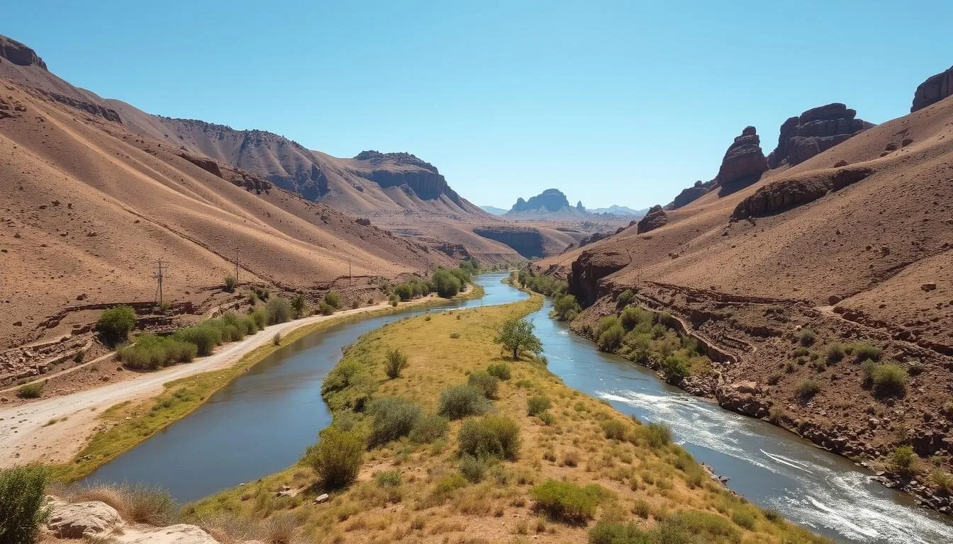 Scenic landscape surrounding Sof Omar Caves Ethiopia with the Weib River visible
