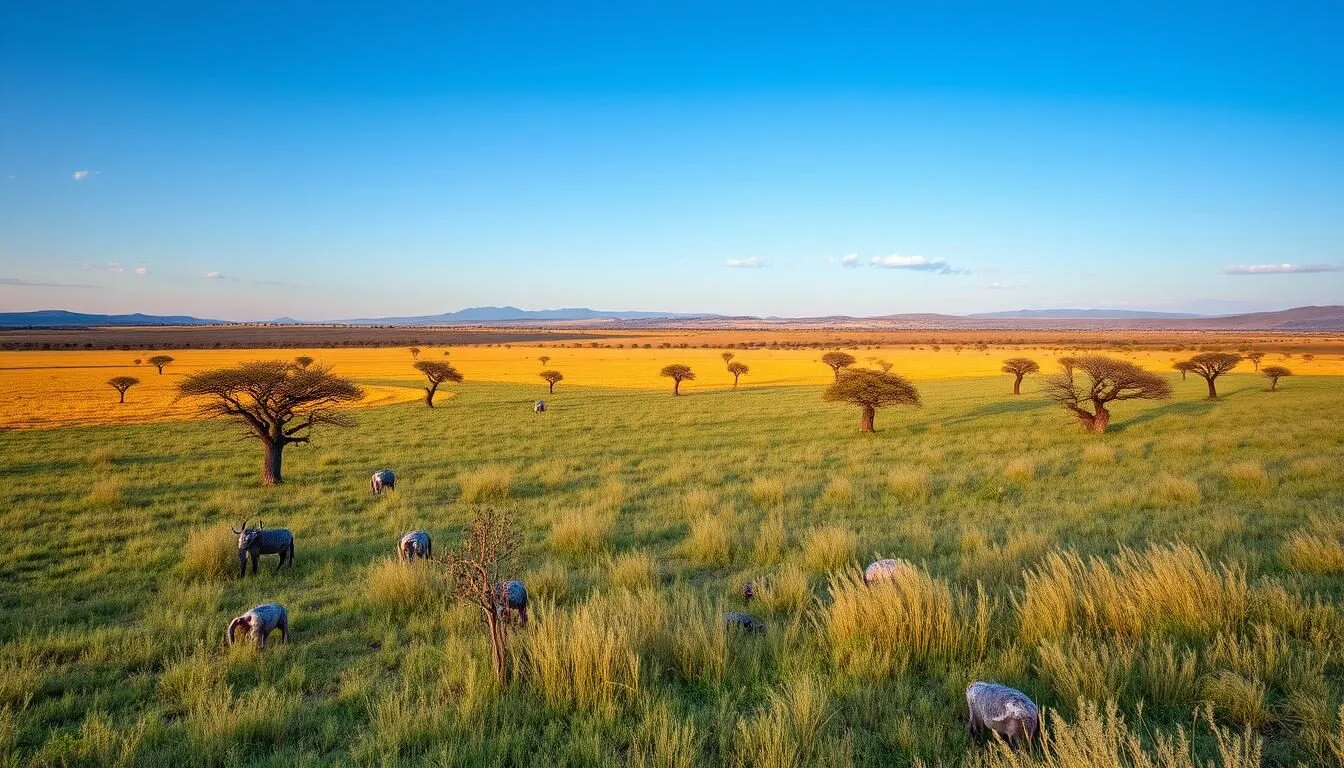 Scenic landscape view of Gambela National Park Ethiopia showing vast grasslands and scattered trees on a beautiful day