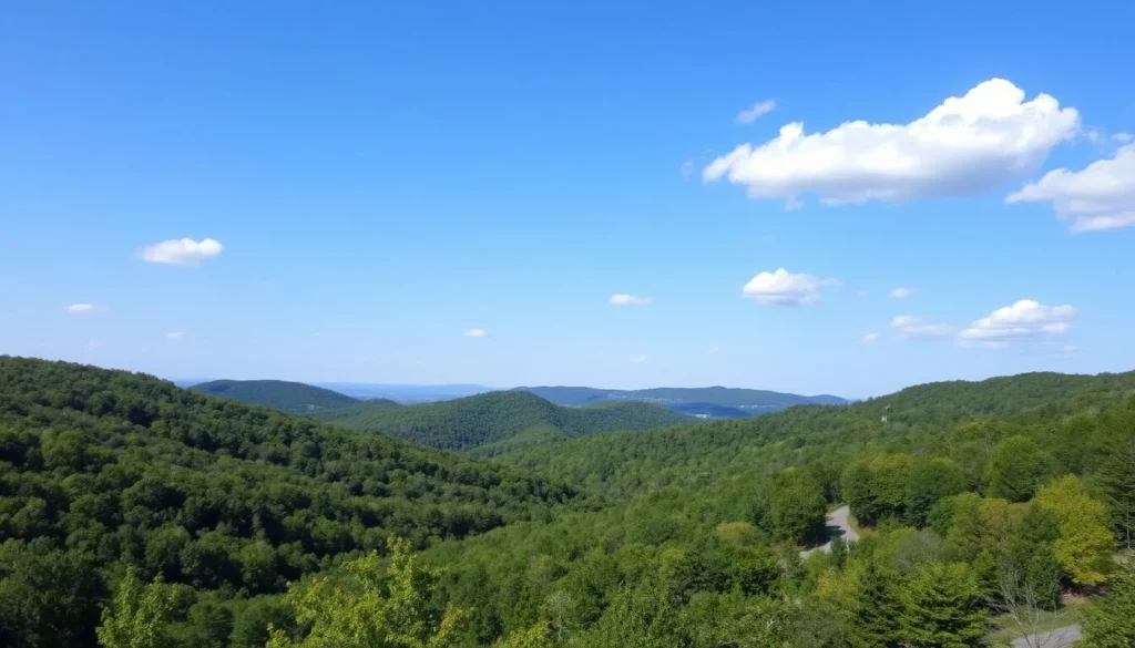 Scenic landscape view of Hidden Springs State Park Illinois with rolling hills and forest Scenic landscape view of Hidden Springs State Park Illinois with rolling hills and forest