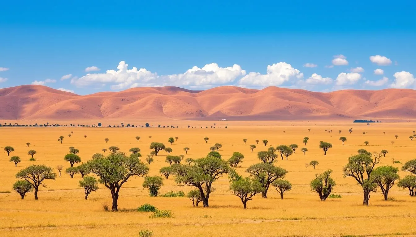 Scenic-landscape-view-of-Lake-Mburo-National-Park-showing-acacia-trees-and-savannah-plains-with Scenic landscape view of Lake Mburo National Park showing acacia trees and savannah plains with mountains in the background