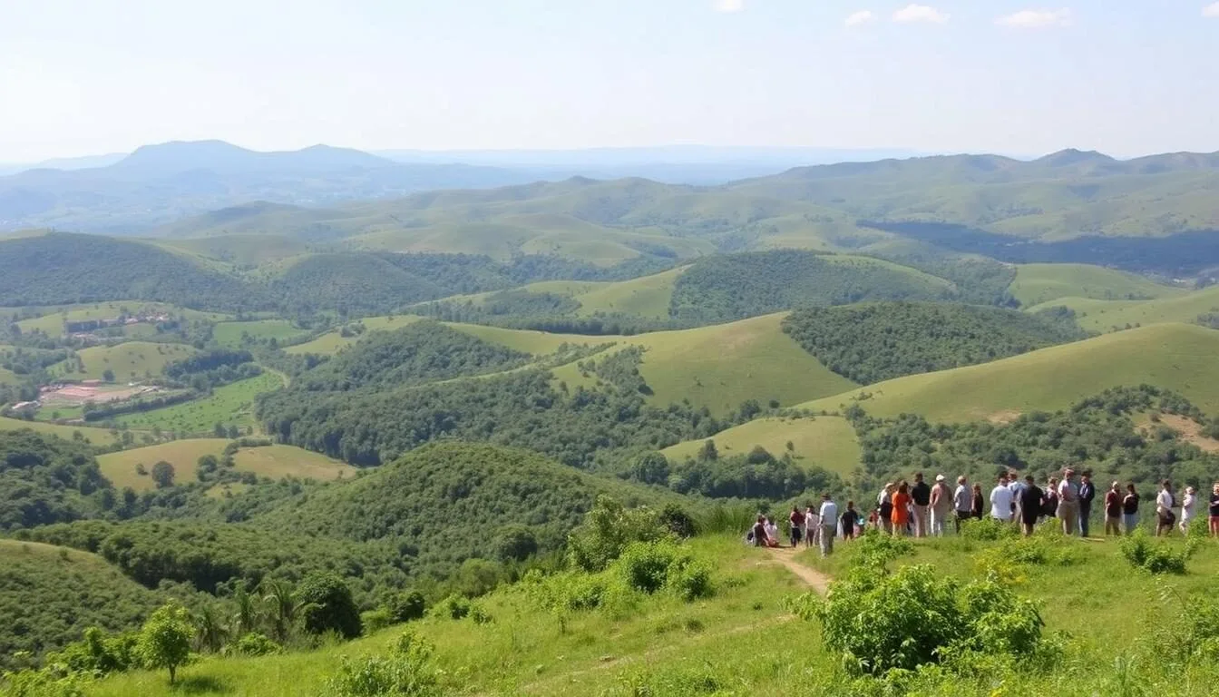 Scenic landscape view of Masaka region with rolling hills and lush vegetation